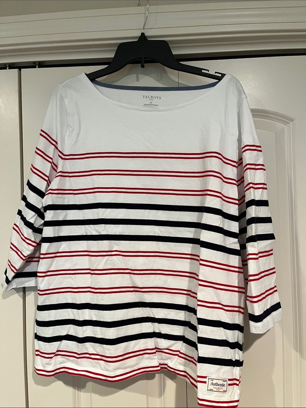 Talbots White Long Sleeve Tee with Red and Navy Stripes